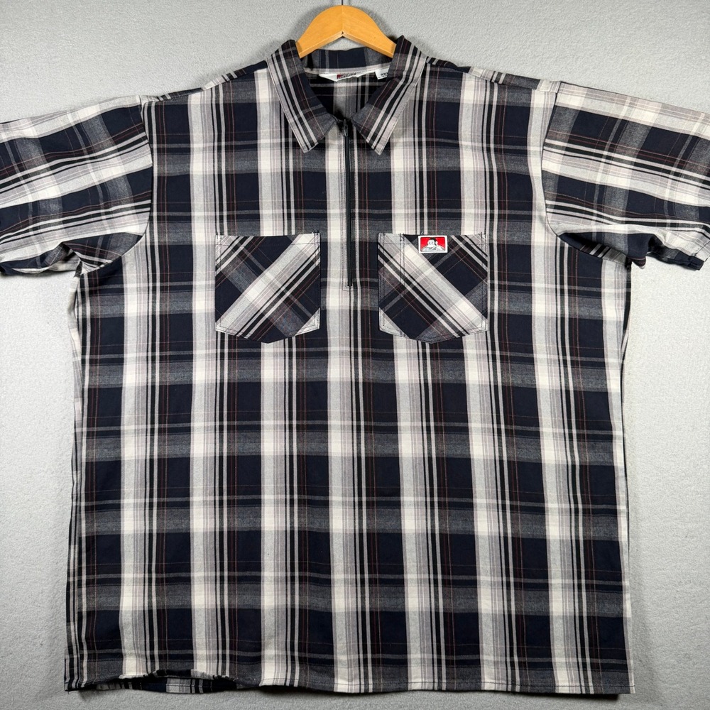 Ben Davis Mens 3XL Plaid Half Zip Short Sleeve Work Shirt Navy Grey Made in USA